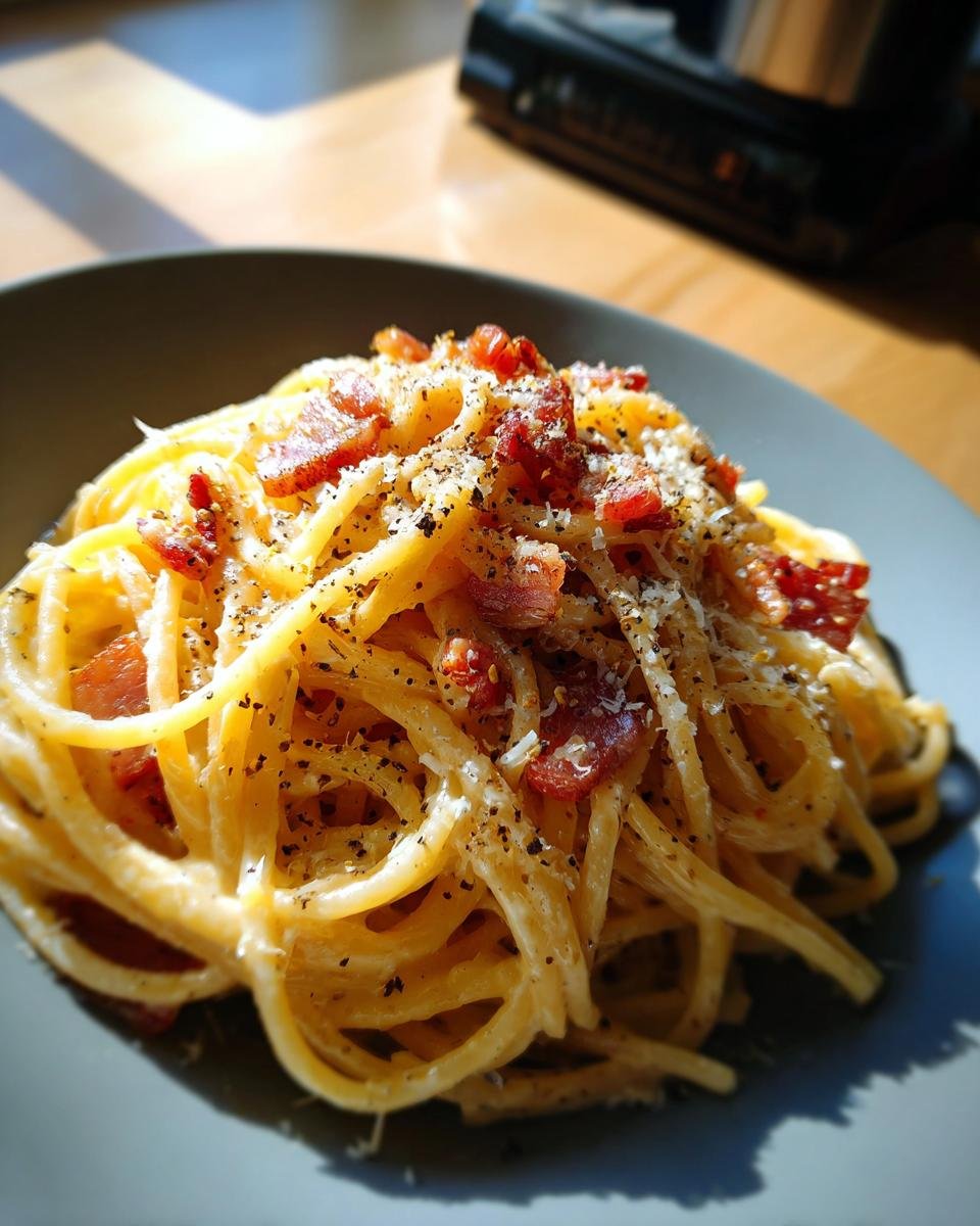 A close-up of a plate of Delicious Spaghetti Carbonara, a creamy Italian classic, topped with crispy pancetta and grated cheese.