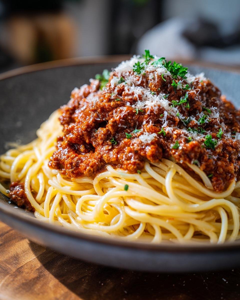 A close-up of a bowl of Delicious Spaghetti With Homemade Meat Sauce, topped with grated Parmesan cheese and fresh parsley.