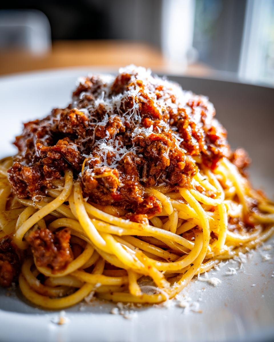 A close-up of a plate of delicious spaghetti with homemade meat sauce, topped with grated Parmesan cheese.