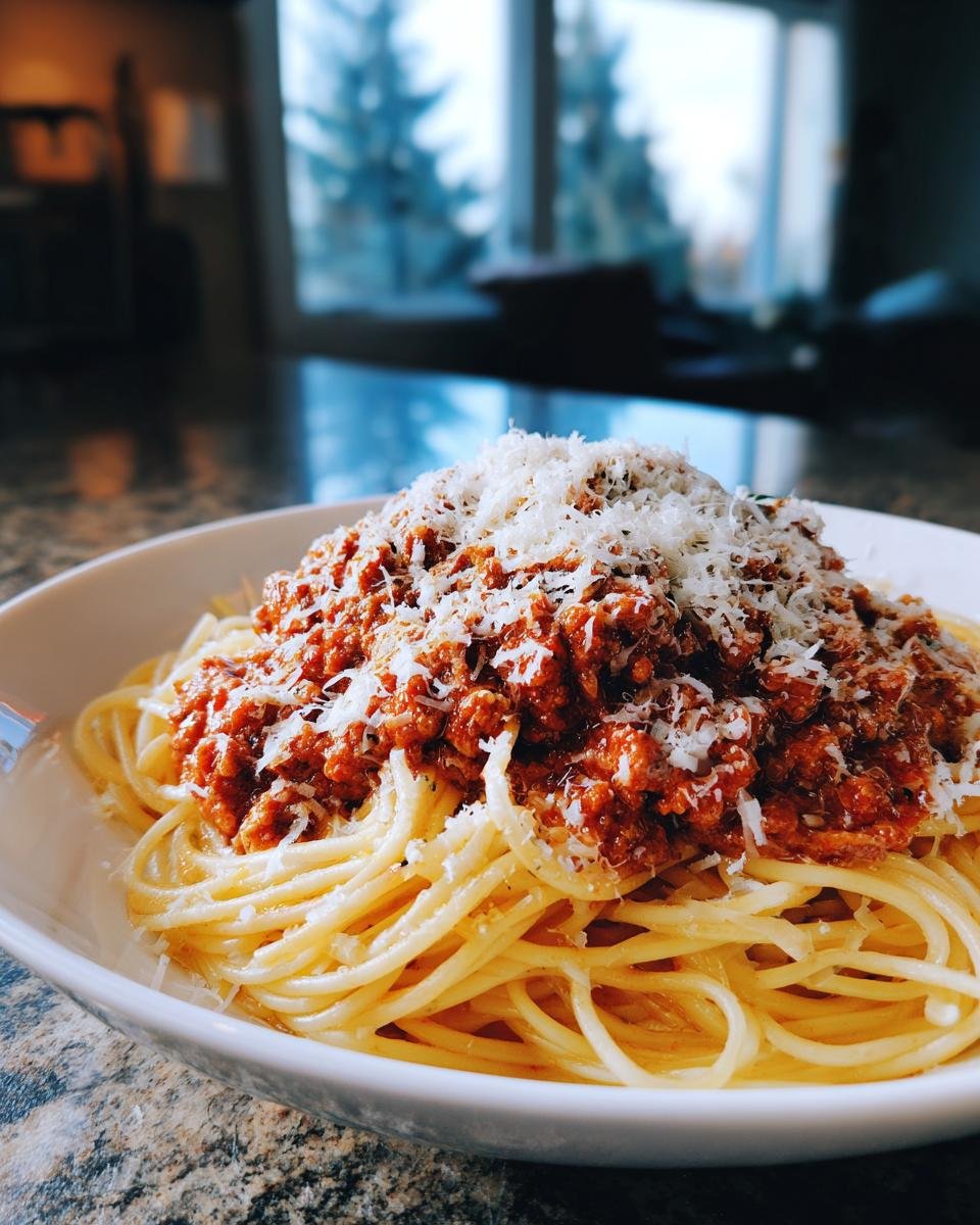 A close-up of a white bowl filled with Delicious Spaghetti With Homemade Meat Sauce, topped with grated Parmesan cheese.