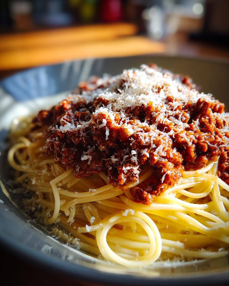 A close-up of a bowl of Delicious Spaghetti With Homemade Meat Sauce, topped with grated Parmesan cheese.