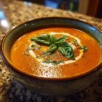 A bowl of Delicious Tomato Basil Soup Creamy Comfort, garnished with fresh basil and a swirl of cream.