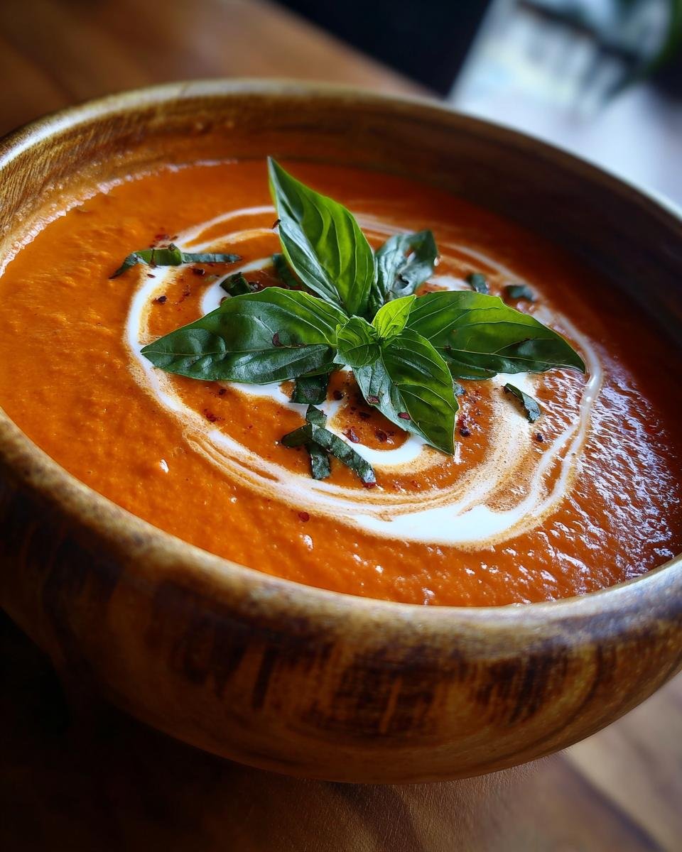 A close-up of a bowl of Delicious Tomato Basil Soup Creamy Comfort, swirled with cream and garnished with fresh basil leaves.