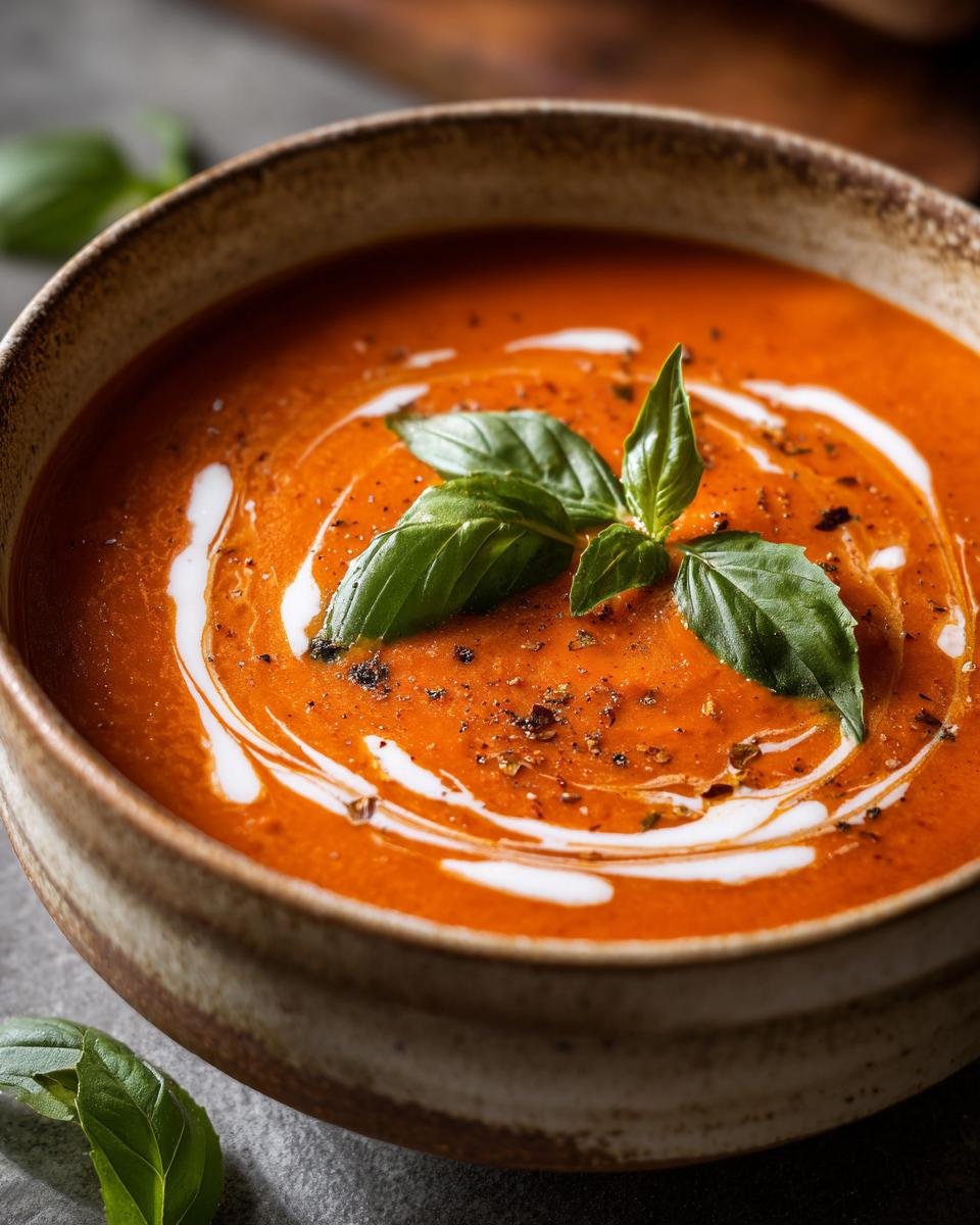 A close-up of a bowl of Delicious Tomato Basil Soup Creamy Comfort, swirled with cream and garnished with fresh basil leaves.