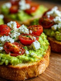 Close-up of delightful avocado toast with feta cheese and halved cherry tomatoes on toasted bread.