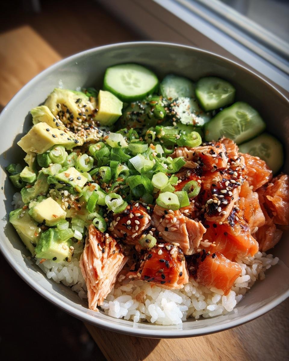 A close-up of a Delightful Baked Salmon Sushi Bowl with rice, avocado, cucumber, and green onions, drizzled with sauce and sprinkled with sesame seeds.