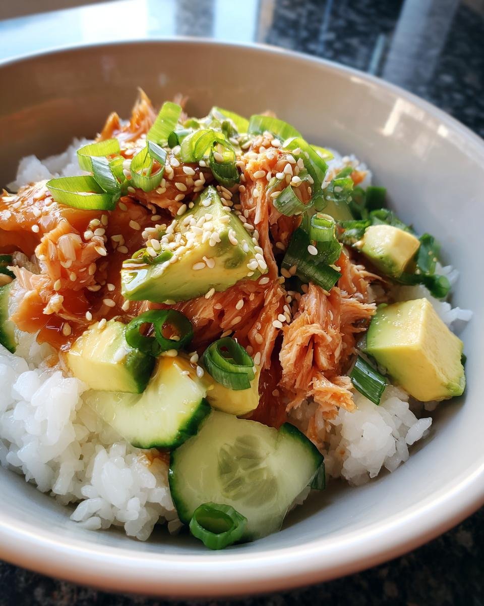 Close-up of a Delightful Baked Salmon Sushi Bowl with rice, flaked salmon, avocado, cucumber, and green onions.