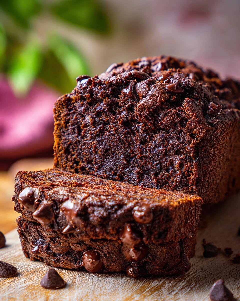 Close-up of two slices of Delightful Double Chocolate Zucchini Bread, studded with melted chocolate chips.