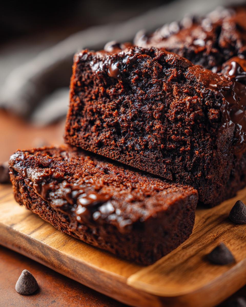 Close-up of moist, rich slices of Delightful Double Chocolate Zucchini Bread, drizzled with chocolate.
