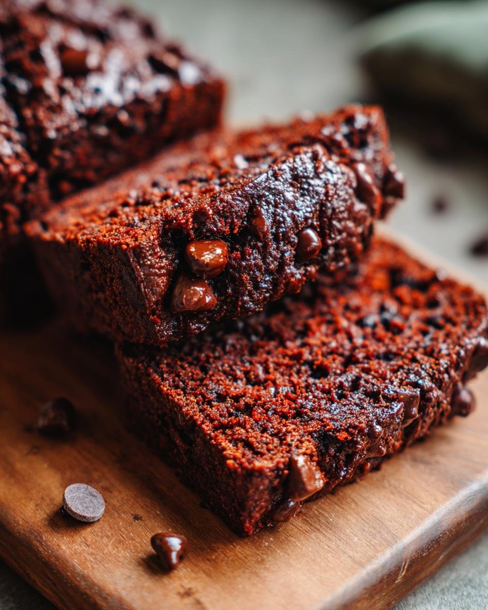 Close-up of moist slices of Delightful Double Chocolate Zucchini Bread, studded with chocolate chips, on a wooden board.