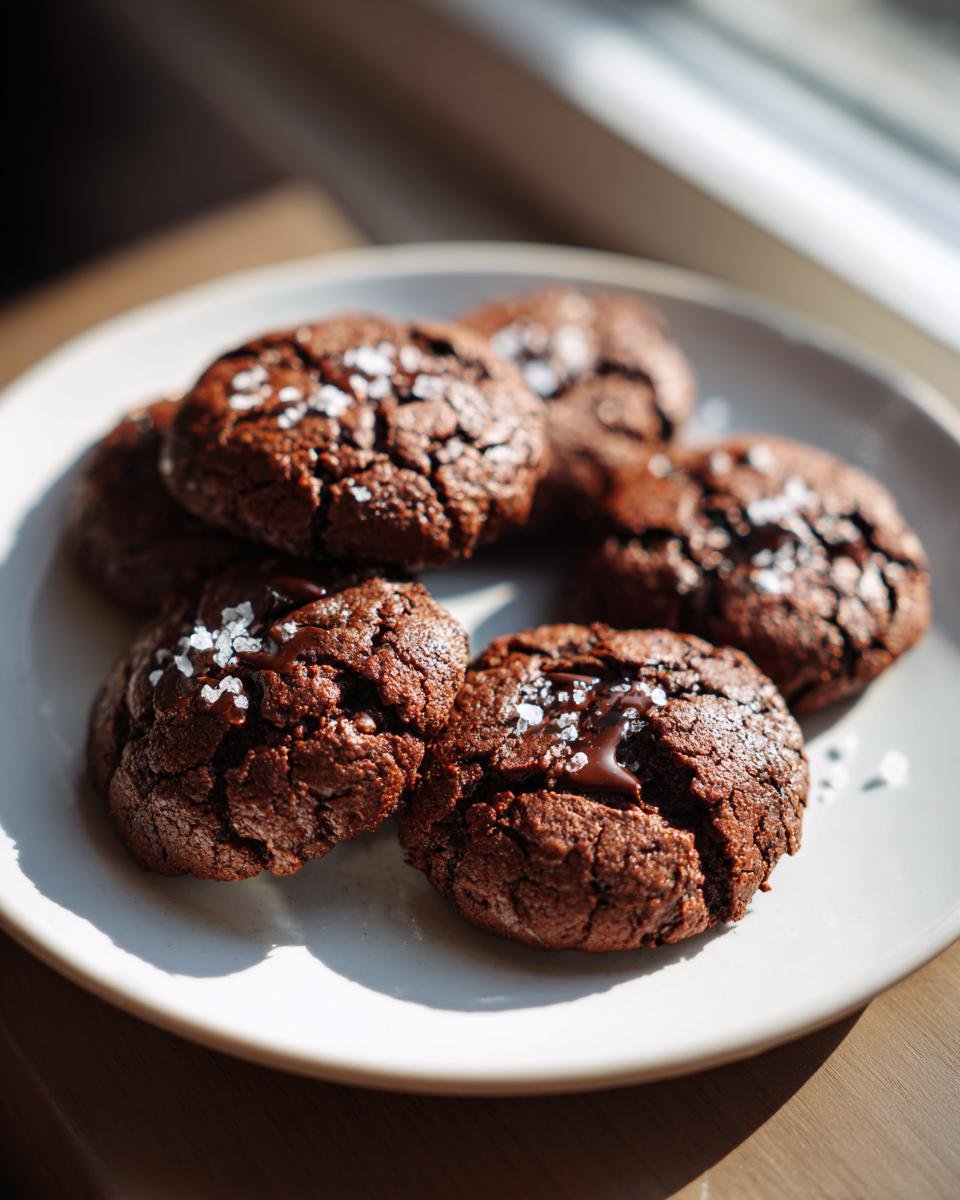 Close-up of decadent double chocolate zucchini cookies with sea salt sprinkled on top.