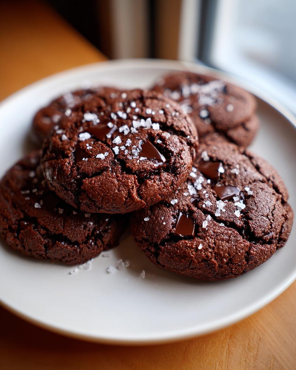 A stack of decadent double chocolate zucchini cookies with sea salt and chocolate chunks.