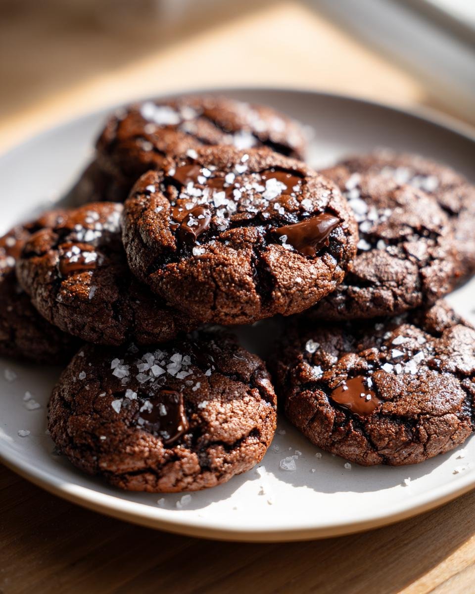 A pile of decadent double chocolate zucchini cookies with sea salt sprinkled on top.