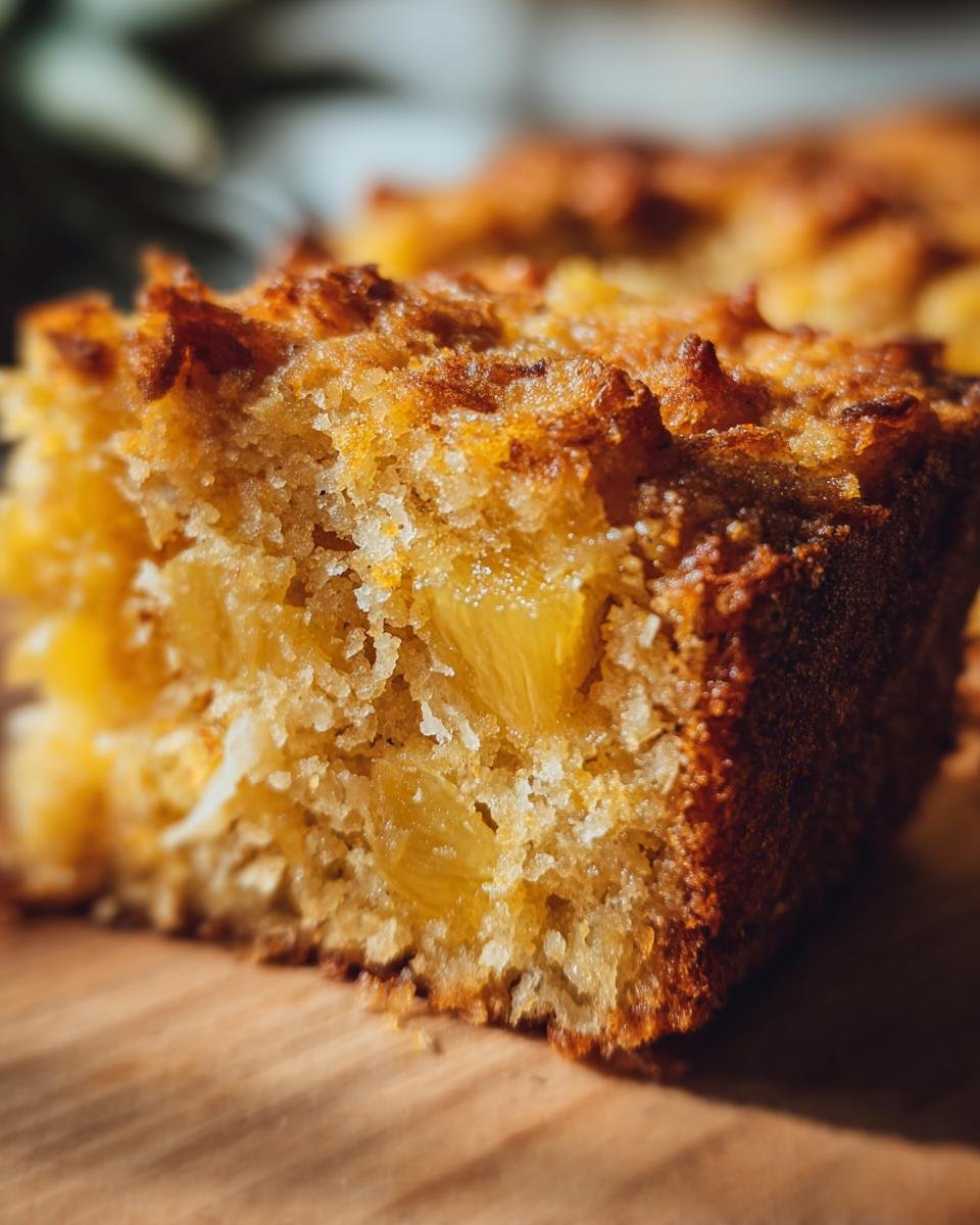 Close-up of a slice of Dreamy Pineapple Coconut Cake, showing chunks of pineapple and shredded coconut within the moist crumb.