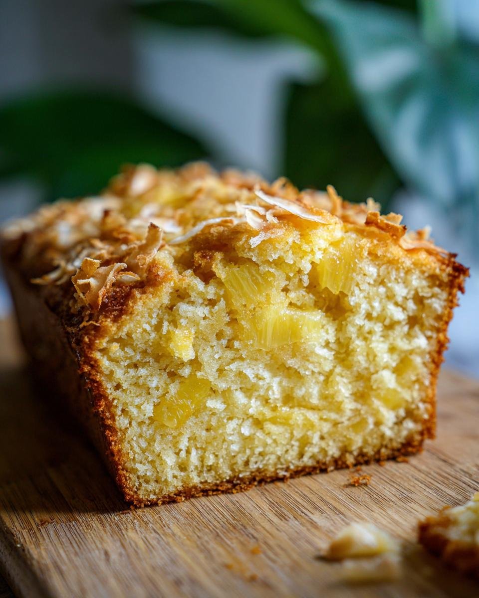 A slice of Dreamy Pineapple Coconut Cake with visible chunks of pineapple and toasted coconut flakes on top.