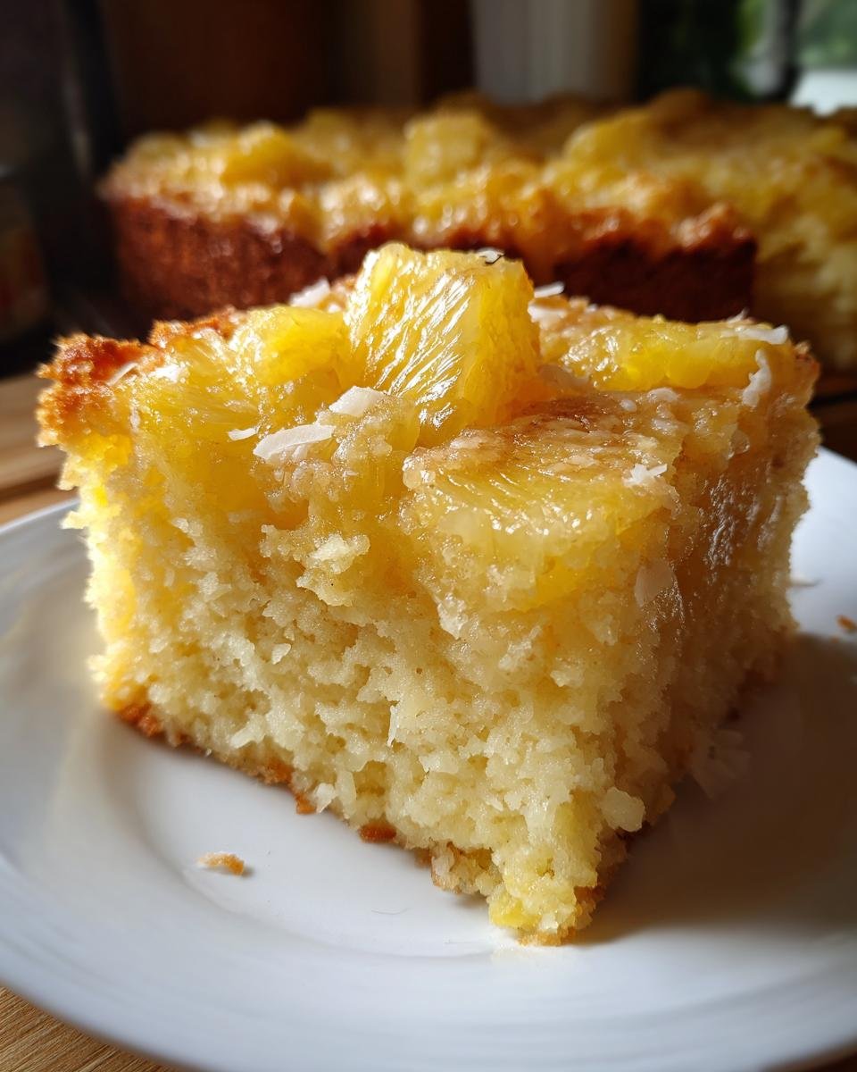 A slice of Dreamy Pineapple Coconut Cake on a white plate, topped with pineapple chunks and shredded coconut on a white plate.