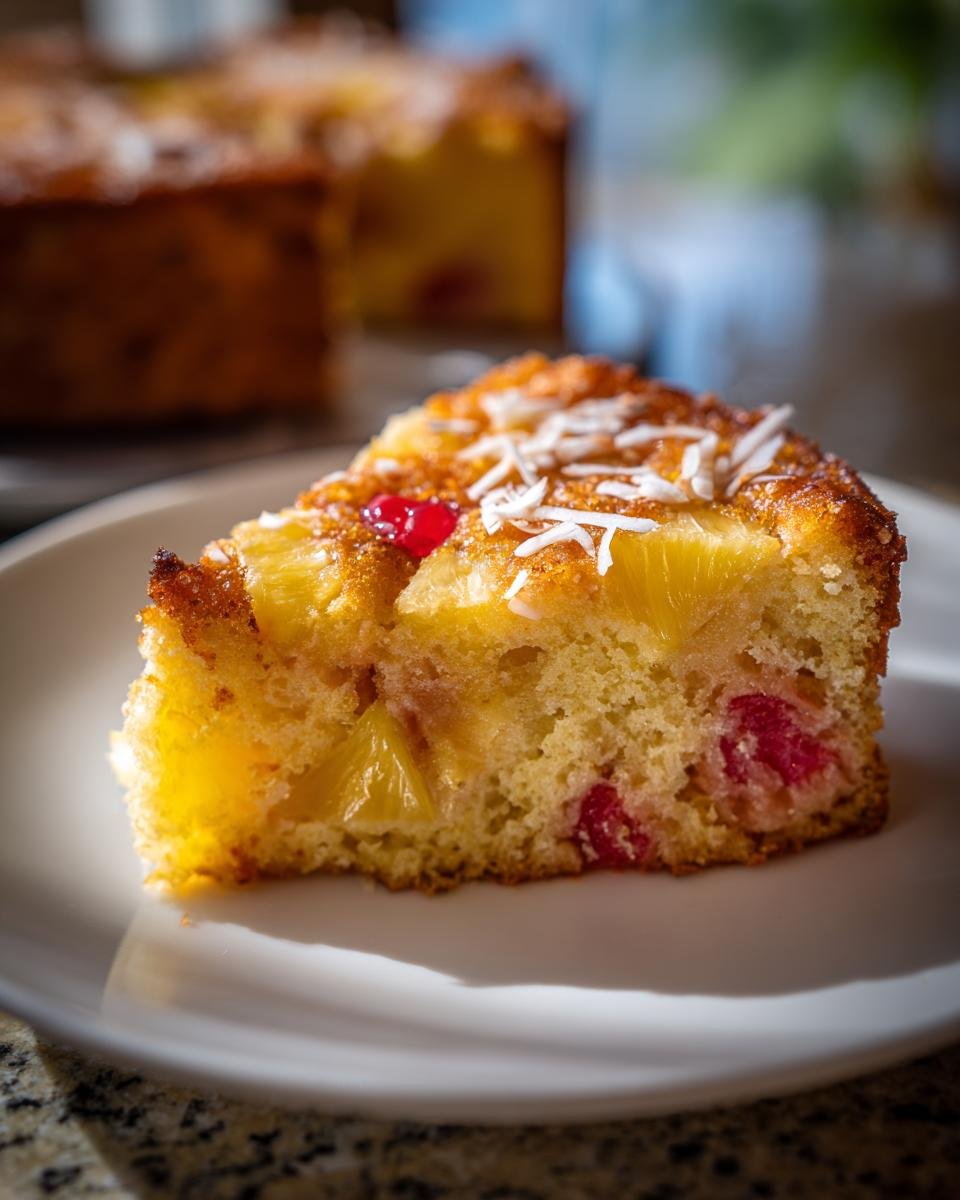 A slice of Dreamy Pineapple Coconut Cake on a white plate, topped with shredded coconut and a cherry.