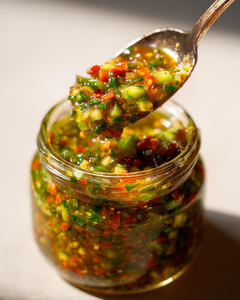 Close-up of a spoonful of Ultimate Easy Sweet Zucchini Relish being lifted from a glass jar.