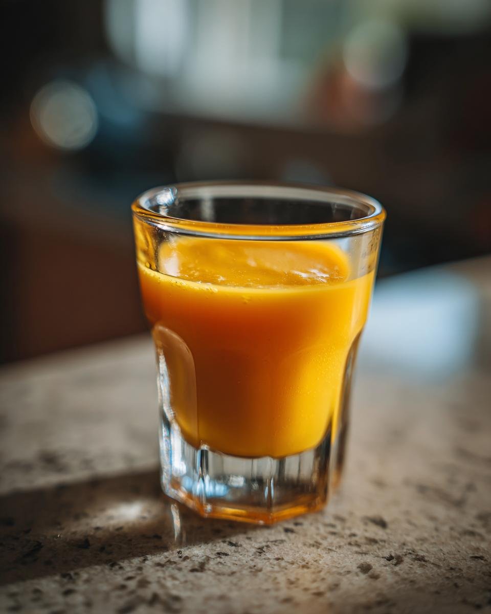 A close-up of an Energizing Ginger Turmeric Shot in a small glass, showcasing its vibrant orange color.