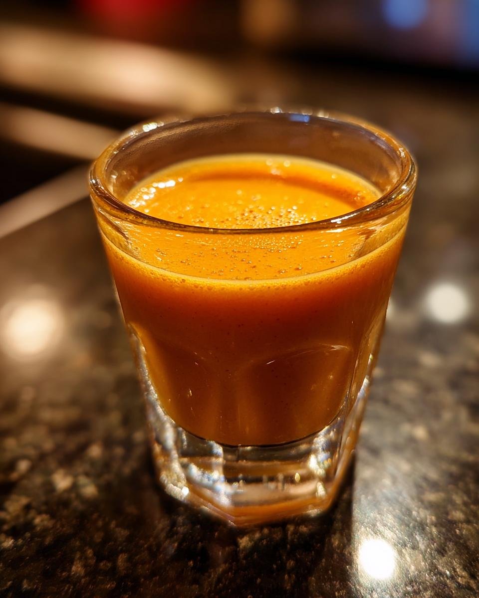 A close-up of an Energizing Ginger Turmeric Shot in a small glass, ready for a healthy boost.