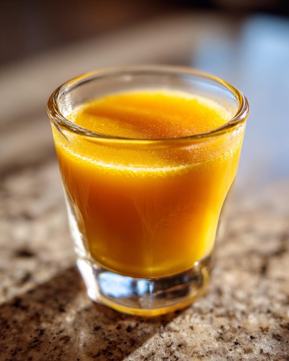 A close-up of an Energizing Ginger Turmeric Shot in a small glass, ready for a healthy boost.