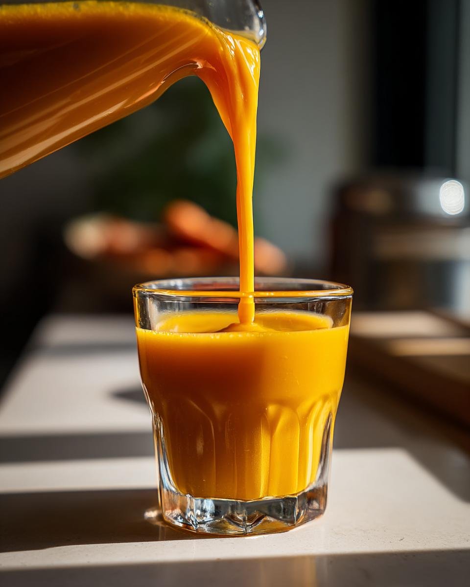 Close-up of an energizing ginger turmeric shot being poured into a glass.