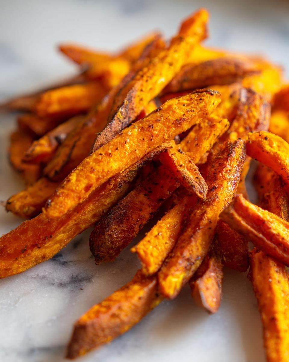 Close-up of a pile of crispy and golden baked sweet potato fries seasoned with spices.