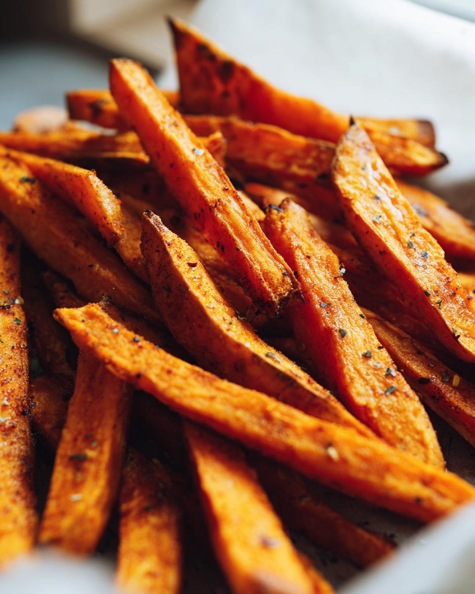 A close-up of a pile of crispy and golden baked sweet potato fries, seasoned with herbs.