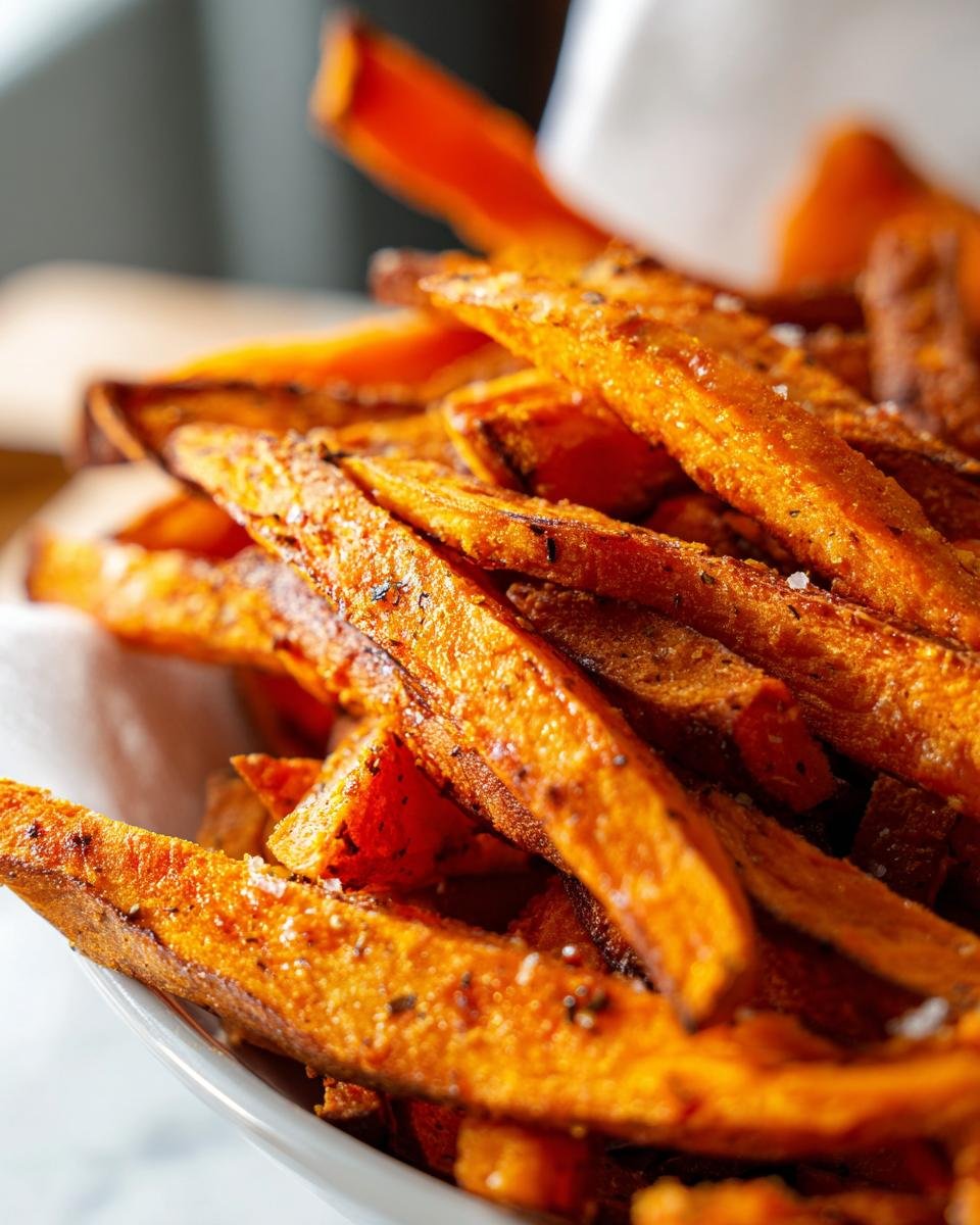 Close-up of a bowl overflowing with crispy and golden baked sweet potato fries, seasoned with salt and pepper.