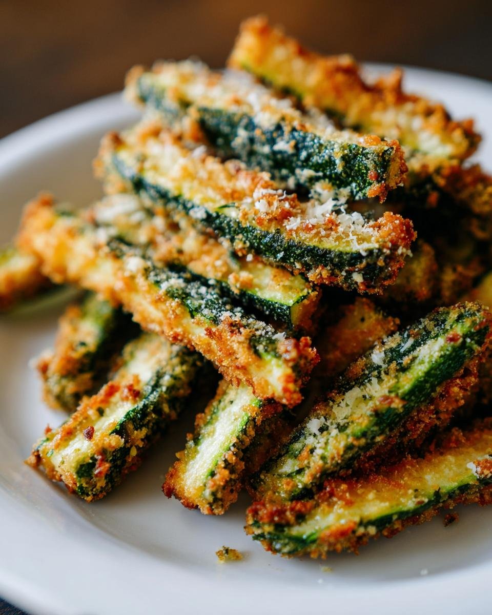 Close-up of a pile of Flavorful Baked Zucchini Fries Crispy Snack, coated in breadcrumbs and cheese.