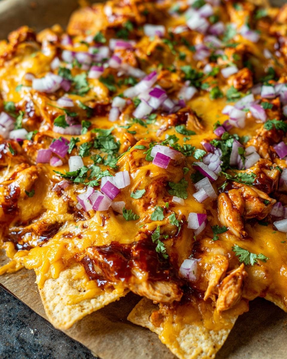 Close-up of Flavorful BBQ Chicken Nachos Game Day Favorite, topped with melted cheese, red onions, and cilantro.