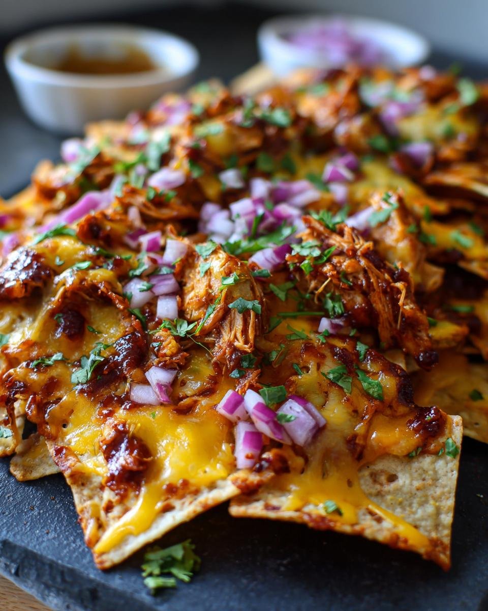 Close-up of Flavorful BBQ Chicken Nachos Game Day Favorite, topped with melted cheese, shredded chicken, and red onions.
