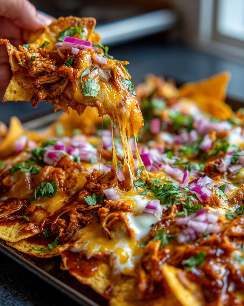A hand holding a loaded chip of Flavorful BBQ Chicken Nachos Game Day Favorite, with melted cheese stretching.