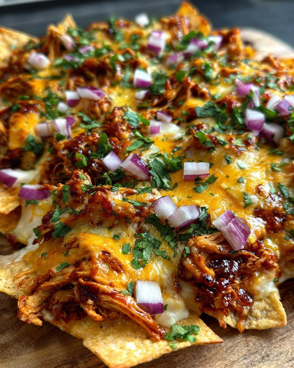 Close-up of Flavorful BBQ Chicken Nachos Game Day Favorite, topped with melted cheese, red onions, and cilantro.