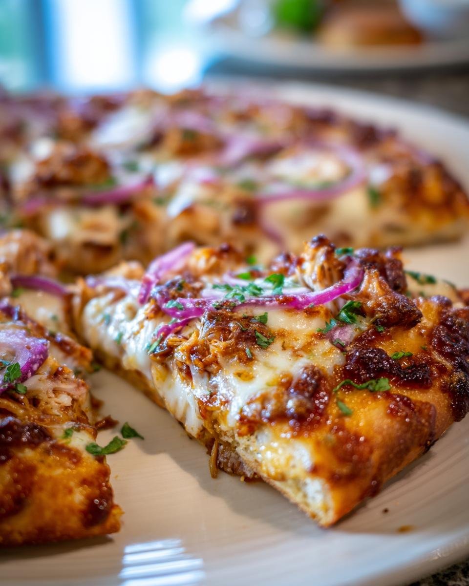 A close-up of a slice of Flavorful BBQ Chicken Pizza Homemade Delight, showcasing melted cheese, red onions, and BBQ chicken.