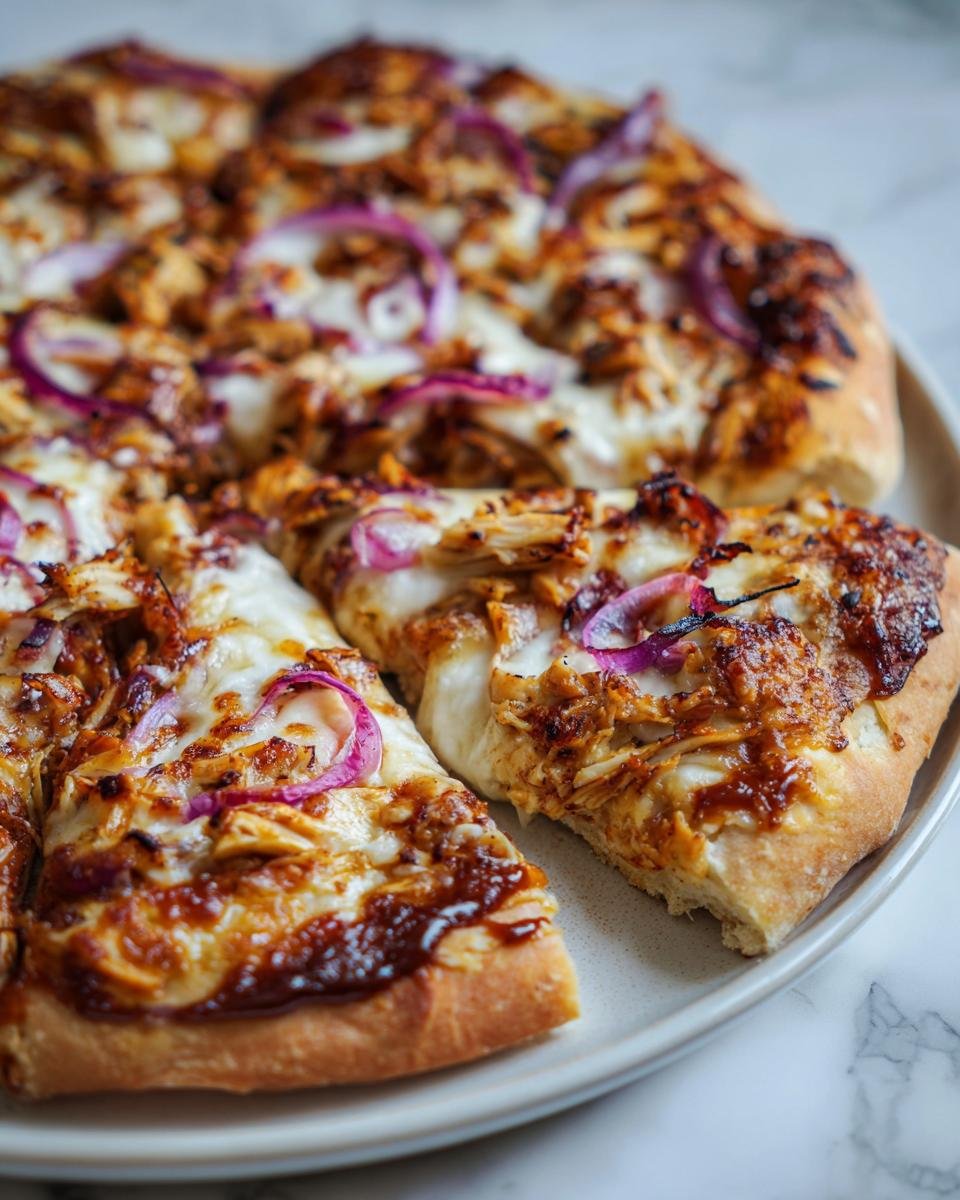 Close-up of a homemade Flavorful BBQ Chicken Pizza Delight, showing shredded chicken, melted cheese, and red onion slices.
