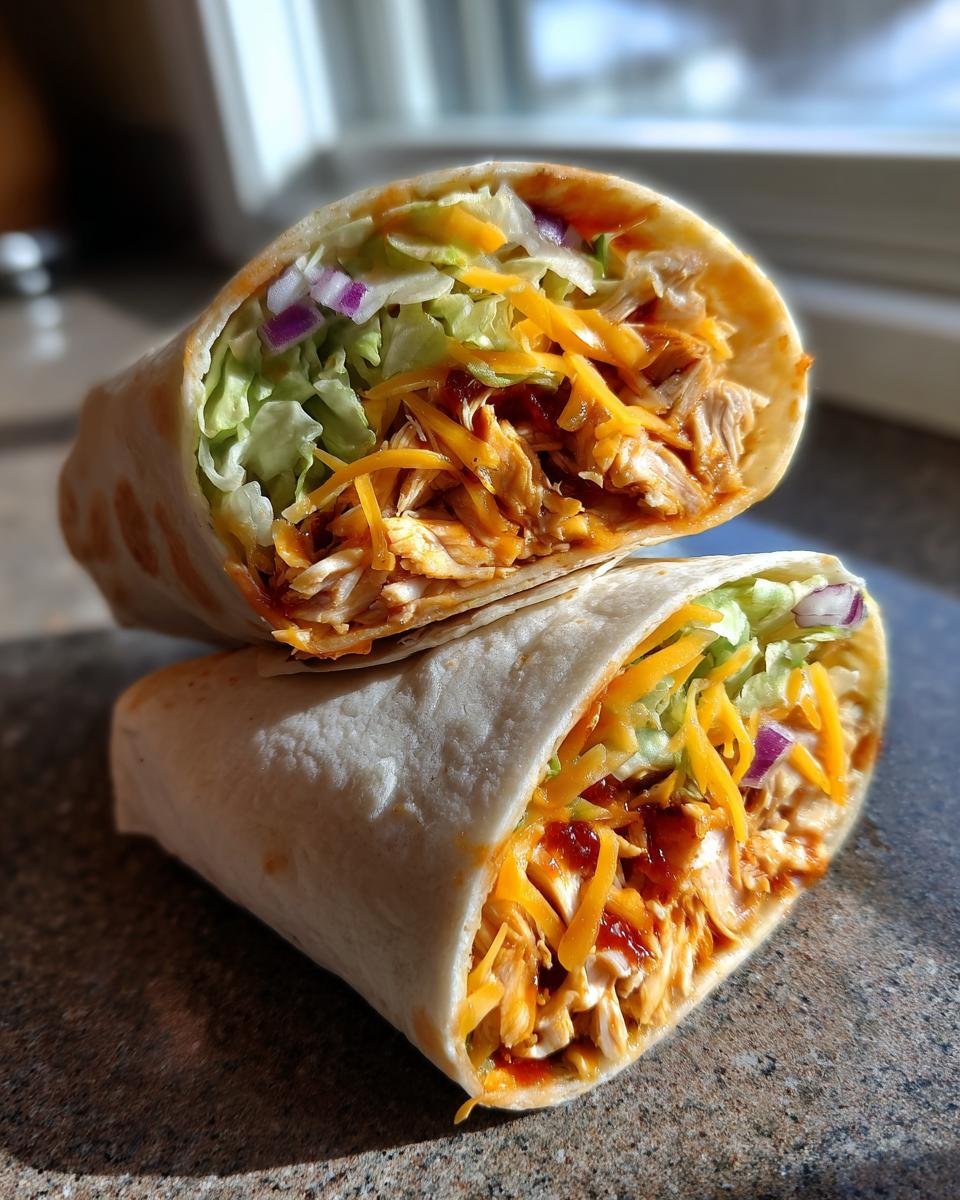 Two halves of a Flavorful BBQ Chicken Wraps lunch favorite, showing shredded chicken, cheese, lettuce, and red onion inside a tortilla.