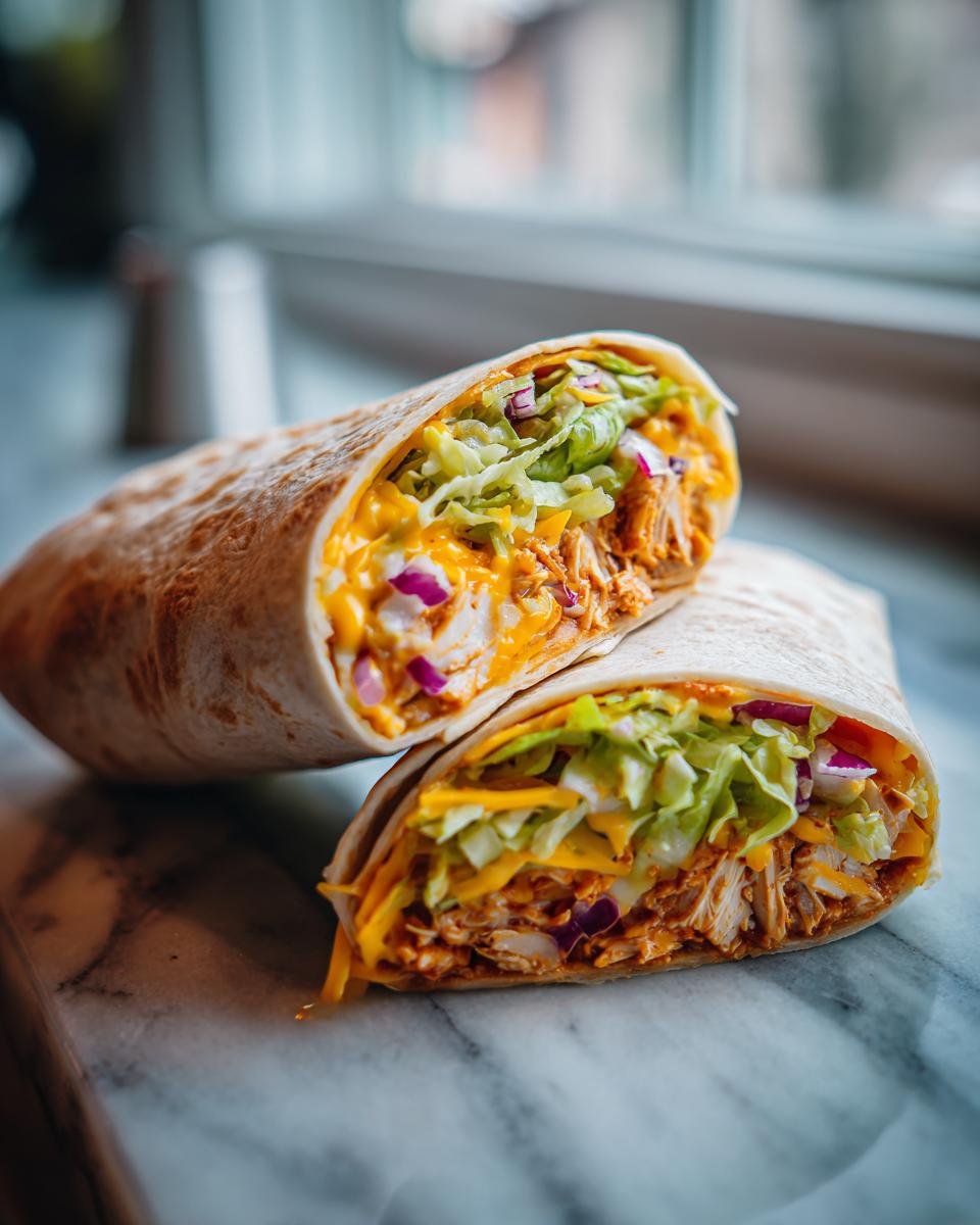 Two halves of a Flavorful BBQ Chicken Wrap, showcasing shredded chicken, cheese, lettuce, and red onion inside a tortilla.