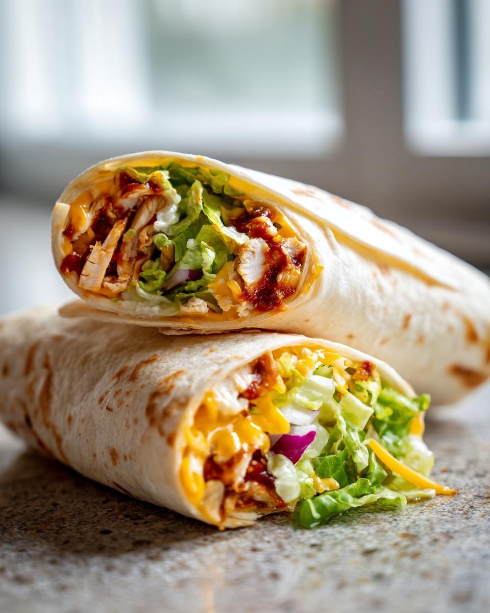 Two Flavorful BBQ Chicken Wraps filled with shredded chicken, lettuce, cheese, and red onion.
