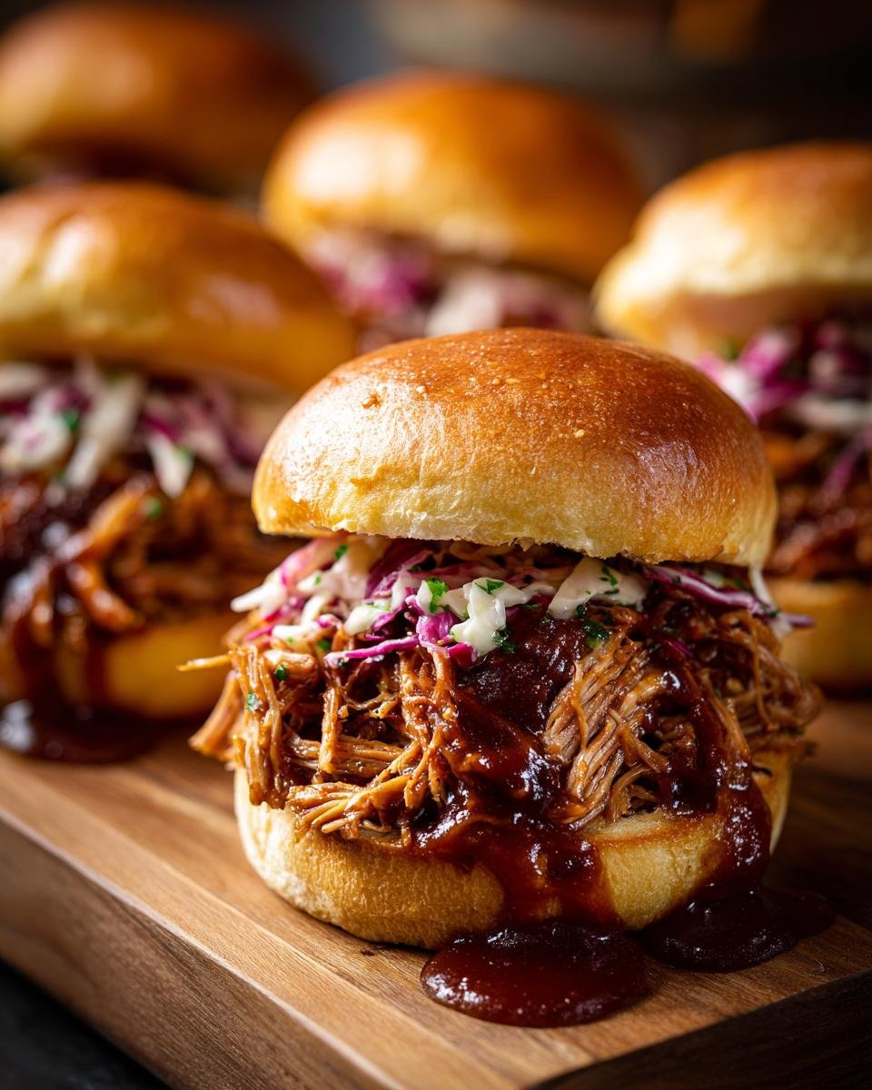 A close-up of a Flavorful BBQ Pulled Pork Sliders on a wooden board, with coleslaw and BBQ sauce.