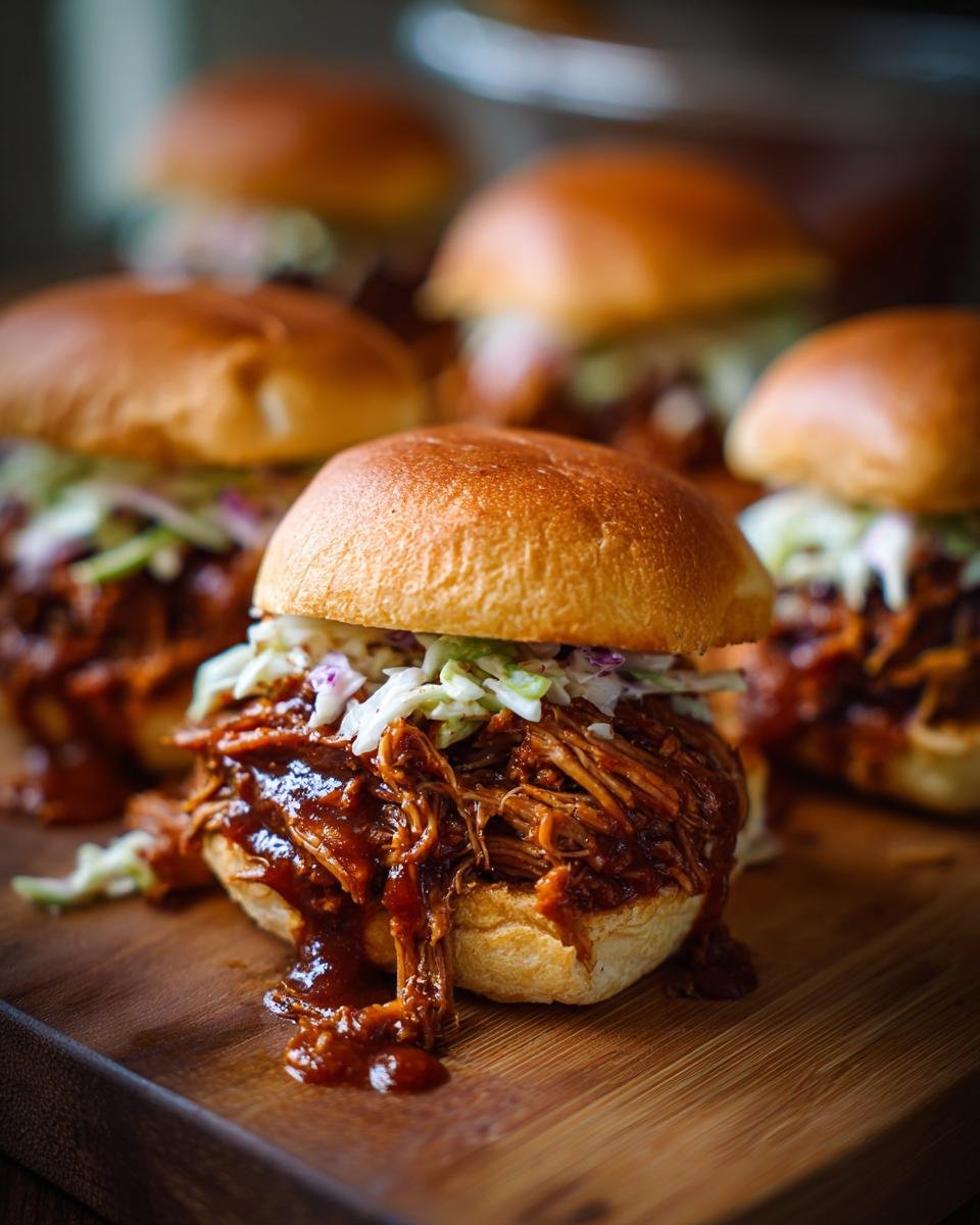 Close-up of a Flavorful BBQ Pulled Pork Slider topped with coleslaw on a wooden board.