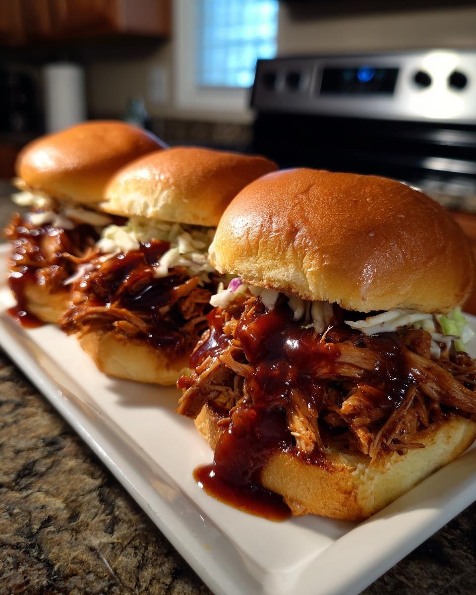 Three Flavorful BBQ Pulled Pork Sliders topped with coleslaw and rich BBQ sauce on a white platter.