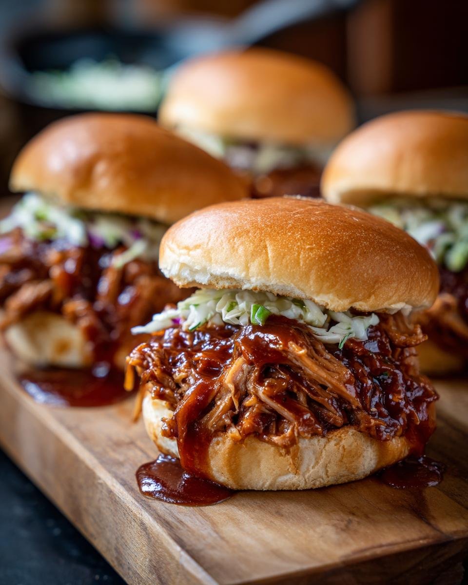 Close-up of several Flavorful BBQ Pulled Pork Sliders piled high with pulled pork and coleslaw on a wooden board.
