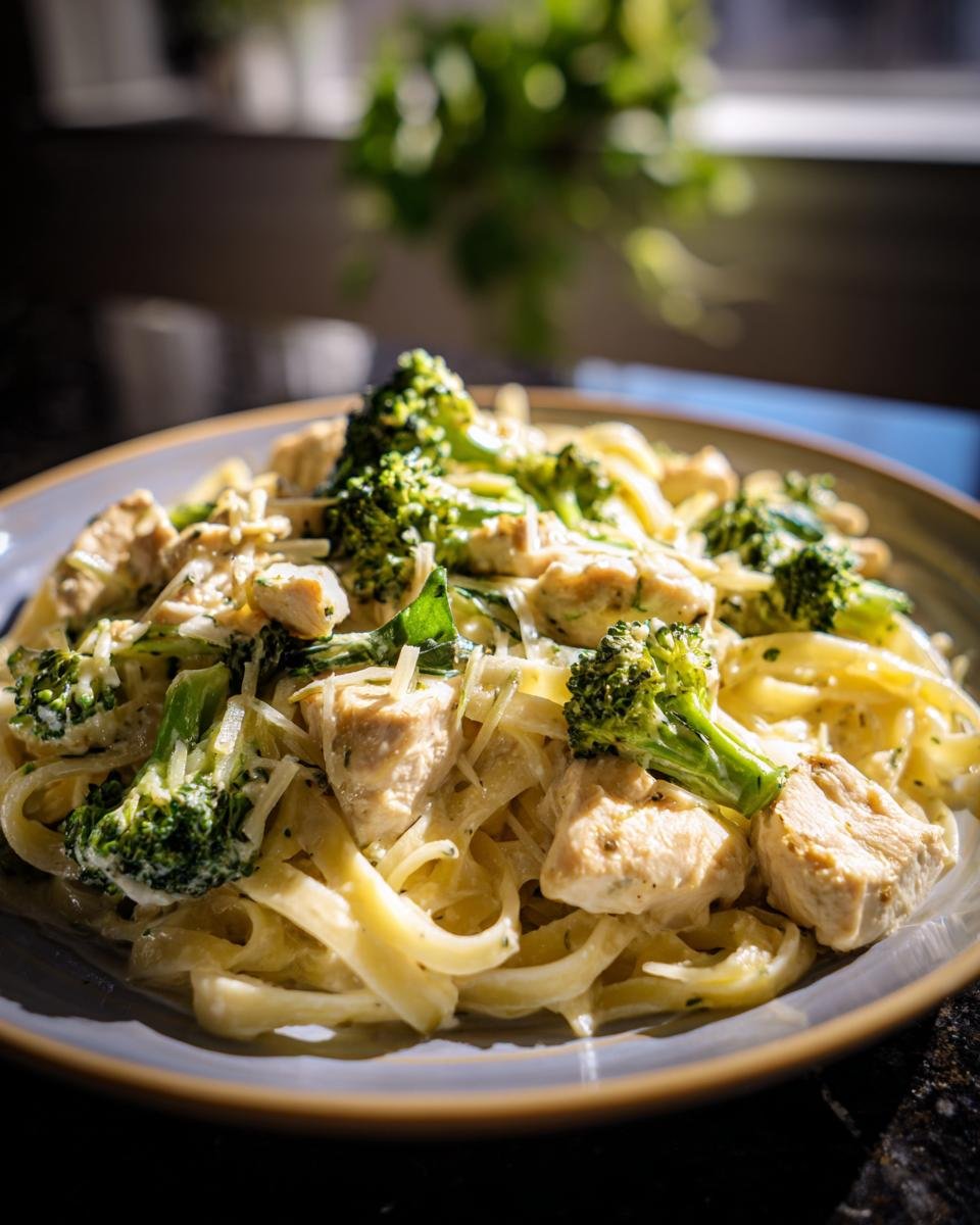 Close-up of Flavorful Chicken and Broccoli Alfredo Pasta, featuring fettuccine, tender chicken pieces, and vibrant broccoli florets in a creamy sauce.