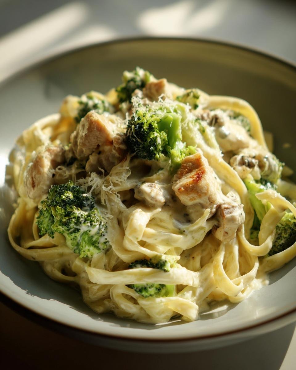 A close-up of a bowl of Flavorful Chicken and Broccoli Alfredo Pasta, featuring fettuccine, tender chicken pieces, and vibrant broccoli florets in a creamy sauce.
