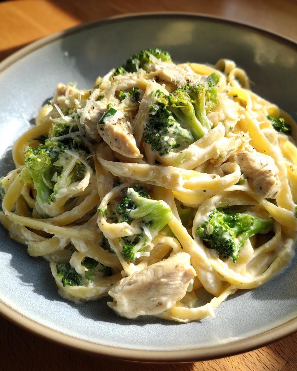 A close-up of Flavorful Chicken and Broccoli Alfredo Pasta in a bowl, featuring fettuccine, creamy sauce, chicken pieces, and broccoli florets.