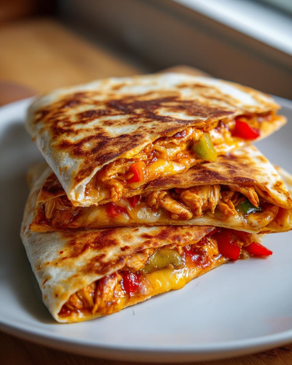 Stack of three cheesy chicken quesadilla melt triangles filled with shredded chicken, peppers, and melted cheese.