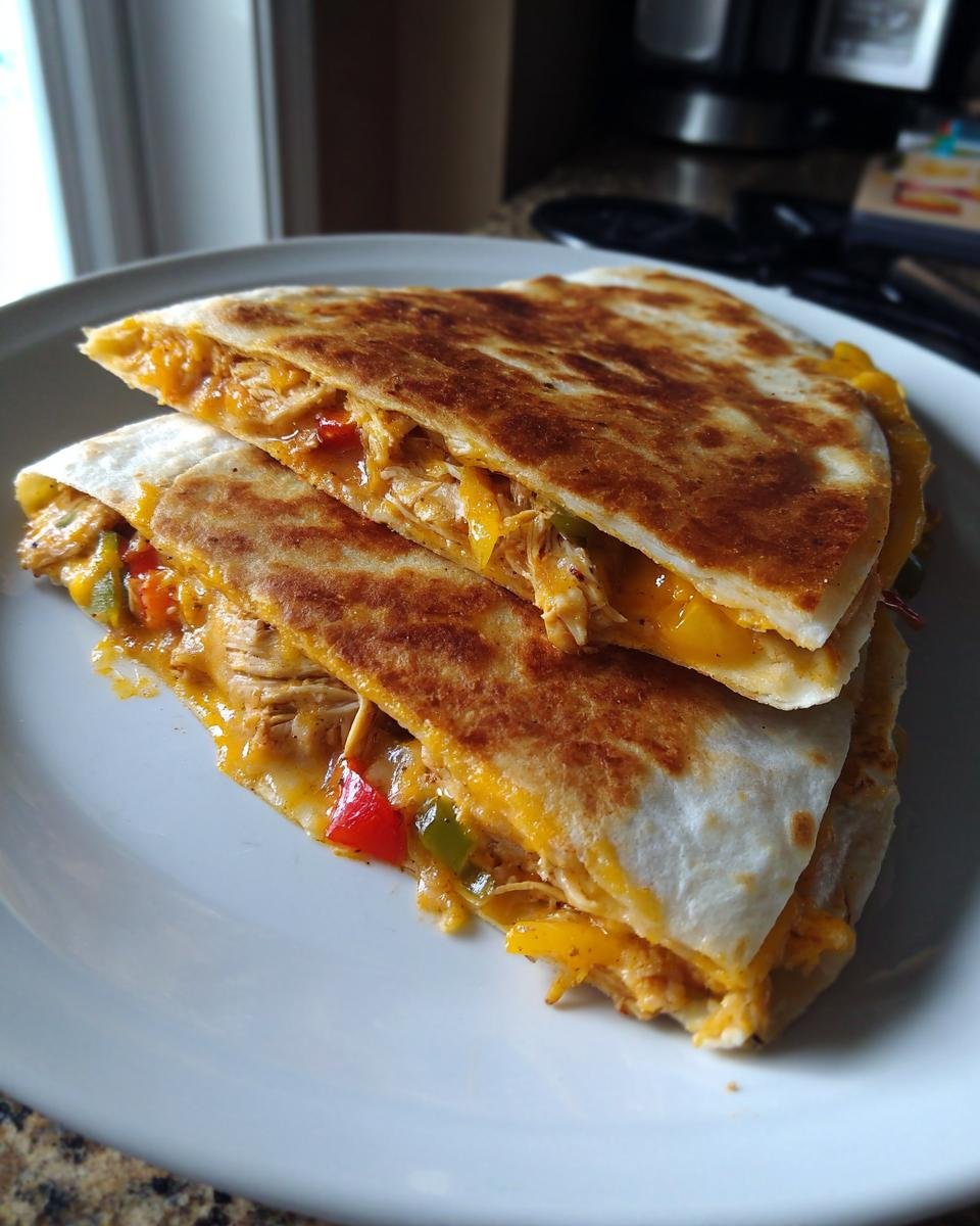 Close-up of a Flavorful Chicken Quesadilla Melt, cut in half, revealing shredded chicken, melted cheese, and colorful bell peppers.