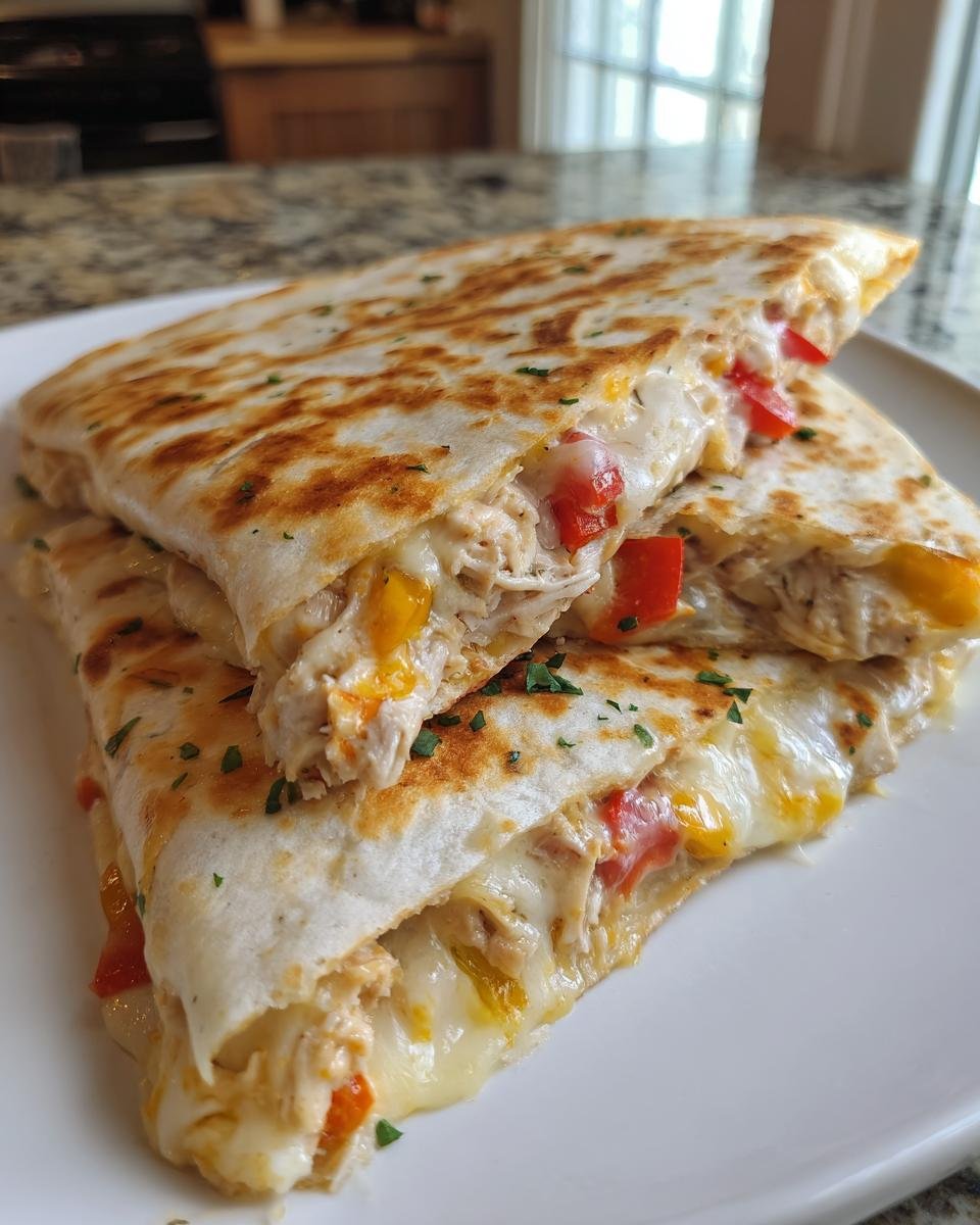 Close-up of a Flavorful Chicken Quesadilla Melt, showcasing shredded chicken, melted cheese, and red and yellow peppers.