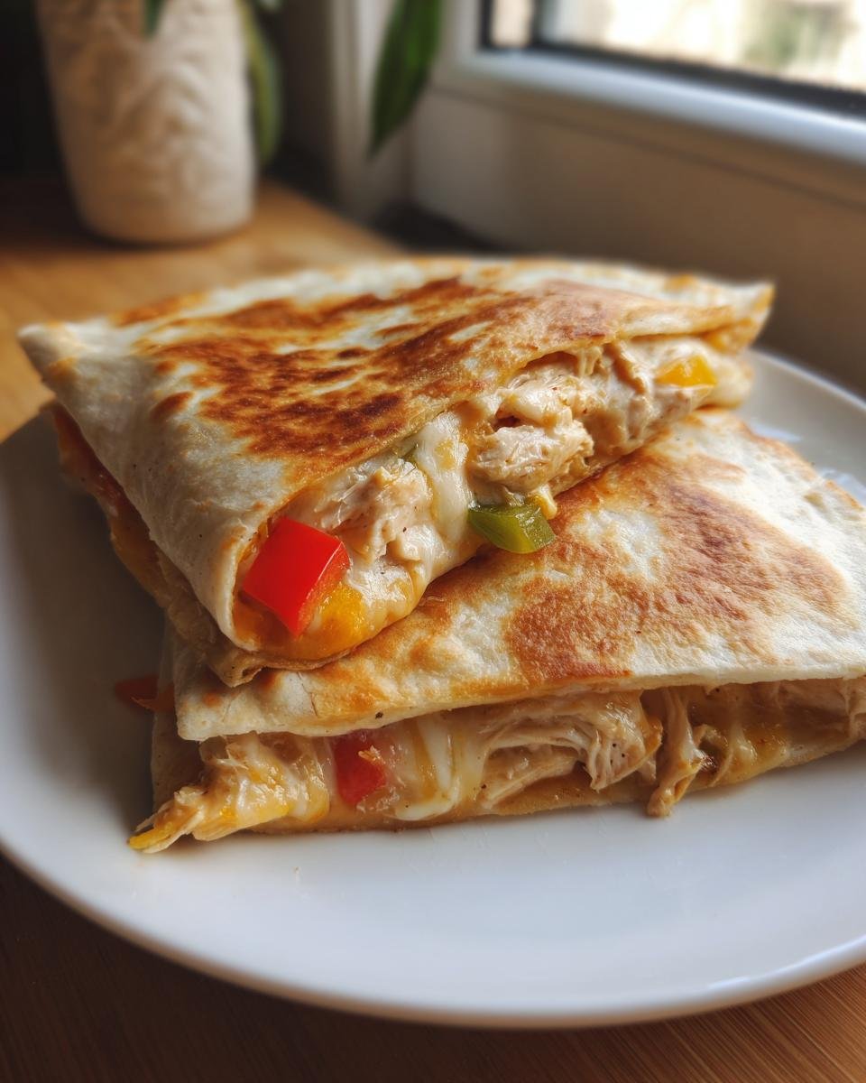 Close-up of a Flavorful Chicken Quesadilla Melt, showing shredded chicken, melted cheese, and colorful bell peppers.